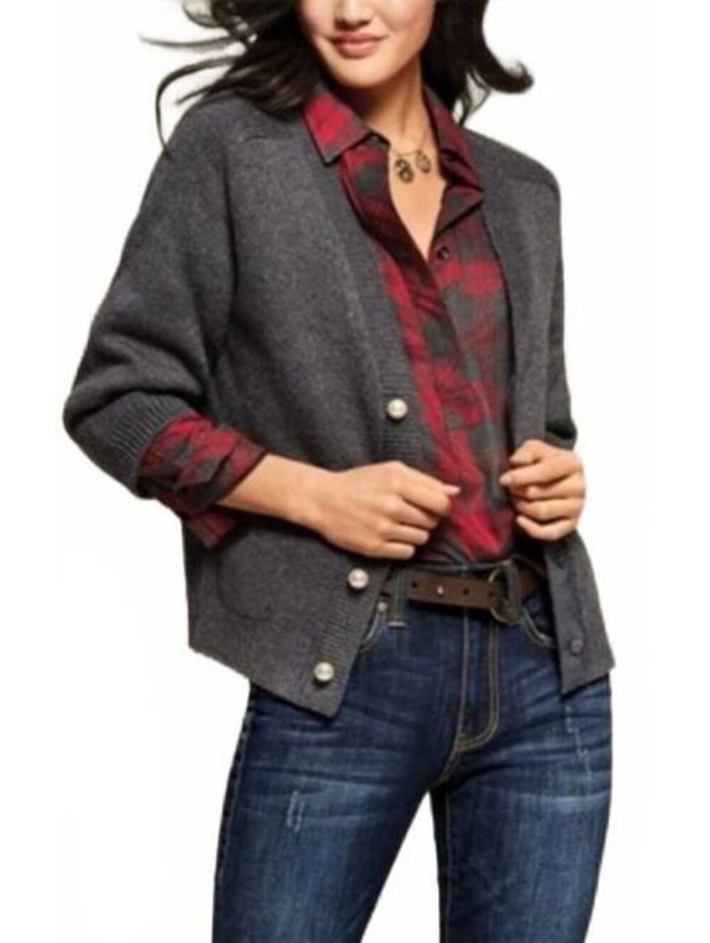 CAbi Cultured Cardigan M Charcoal Gray Pearl Button 3/4 Sleeve Sweater Preppy